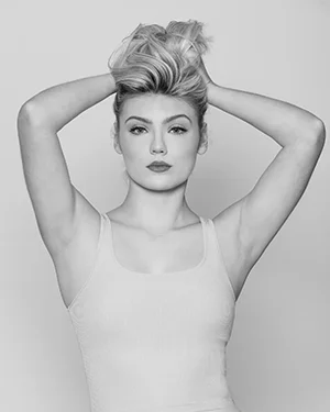 classic portrait arms up tank top bw