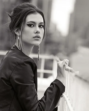 New York City Fashion Week street fashion leather jacket cat eye bw