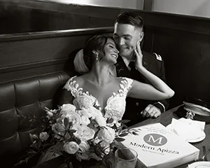 wedding couple military groom bride bw Modern Apizza New Haven CT